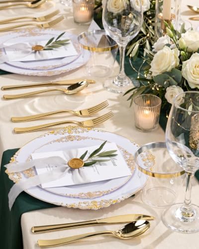 Nervure 600Pcs White and Gold Plastic Plates, Dinnerware Set for 100 Guests - Image 4