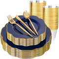 bUCLA 180PCS Blue Plastic Plates - Navy Blue and Gold Rim Disposable Include 30 Each (Dinner & Dessert) Plates, 30 Knives, 30 Forks, 30 Spoons and 30 Cups, Ideal for Party & Labor Day by BUCLA