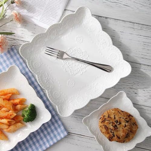YBKTEX Ceramic Plate, Square Embossed Lace Plate (White, 8-inch) - Image 4