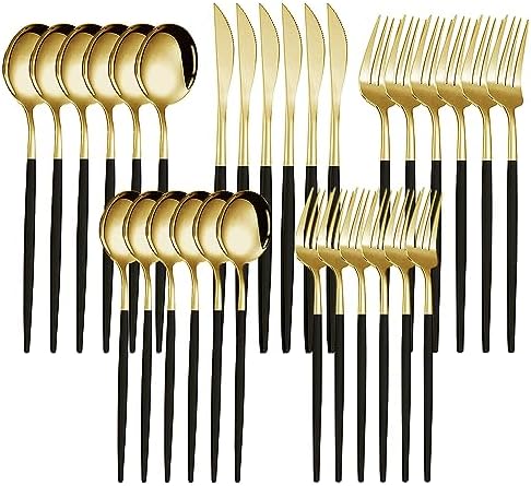 Kawlity Stainless Steel Serving Flatware Durable Black & Gold Polished Knives Spoon Forks 30 Pcs Utensil Dinner Tableware, for Kitchen Dishwasher Adults and Children Ideal Gift by Kawlity