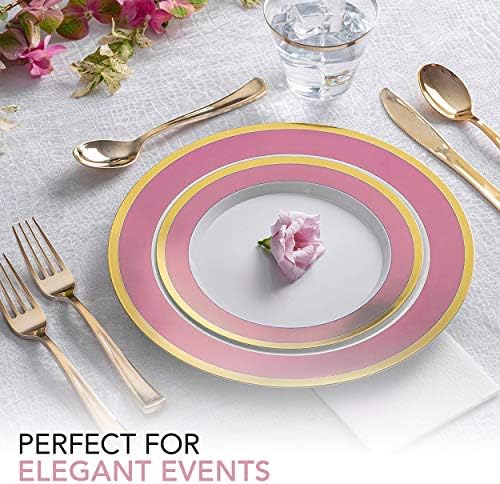 125-Piece White, Pink, and Gold Fancy Plastic Plates Disposable with Silverware, Elegant Dinnerware for Weddings, Holiday Party China, Set of 25 Dinner + Salad Plates, 25 Spoons, 25 Forks, 25 Knives - Image 6