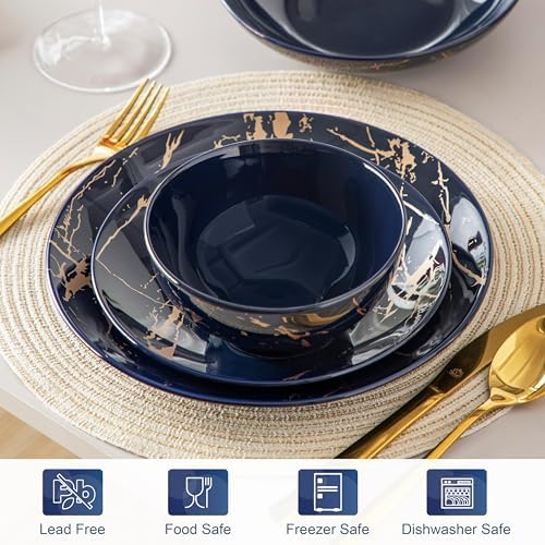 LOVECASA Plates and Bowls Sets for 6, 24 Pieces Porcelain Dinnerware Sets, Dark Blue and Gold Dish Set Gold Splash Dishware Sets, Dishwasher Microwave Safe - Image 4
