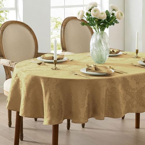 Newbridge Barcelona Damask Fabric Tablecloth, 60 x 84 Inch Oval, Gold – No Iron, Soil Resistant Table Cover for Dining, Parties and Holidays - Image 6