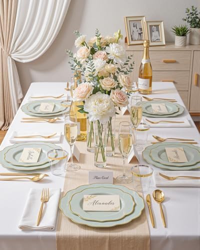 bUCLA 180PCS Green Plastic Plates - Disposable Sage Green with Gold Rim - Include 30 (Dinner & Dessert) Plates, 30 Knives, 30 Forks, 30 Spoons and 30 Cups for Party, Spring & Shower - Image 5