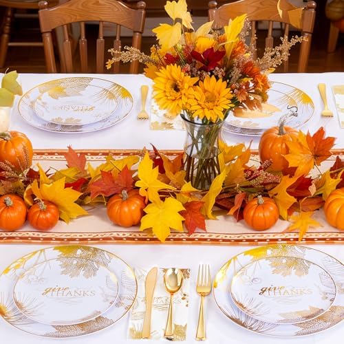 125PCS Thanksgiving Plastic Plates - Gold Disposable Dinnerware Sets - Thanksgiving Maple leaf Plates with Silverware for 25 Guests for Autumn Harvest Party Decor - Image 6