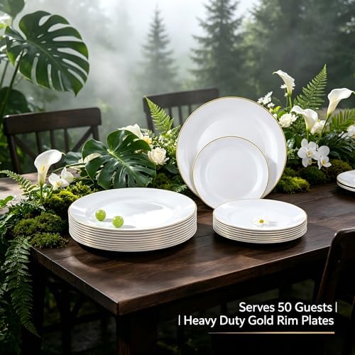 Festiva 350Pcs Gold Plastic Plates - White and Gold Dinnerware Set Disposable include 10" & 7" Plates,Cups,Silverware,Napkins -serve 50 Guests Perfect for Wedding& Easter&Birthday Party - Image 5