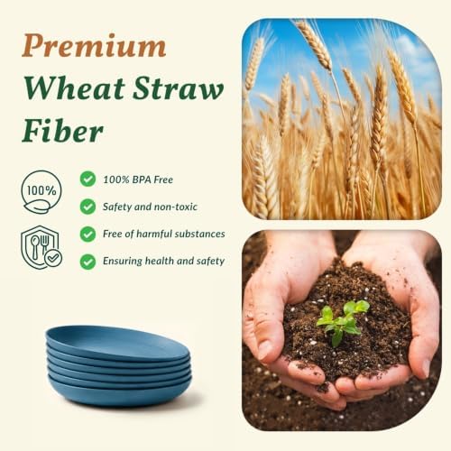 Homienly Salad Plates Wheat Straw Plates Set 6 PCS Unbreakable Kitchen Plates for Cake,Pizza Microwave & Dishwasher Safe Deep Plates 9 Inch Reusable Plastic Plates for Picnic,Party,RV (Blue) - Image 3