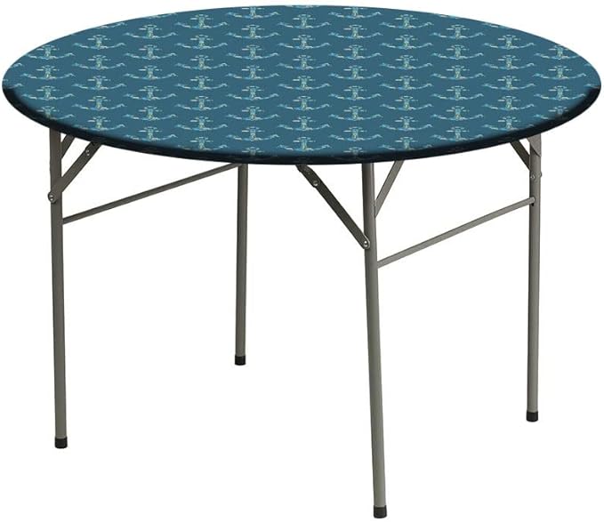 Round Tablecloth, Nautical Tablecloth for Side Table, Anchors Maritime Theme Decor, Fit Round Tables 44inch Diameter, for Outdoor Indoor Use, Petrol Blue Beige