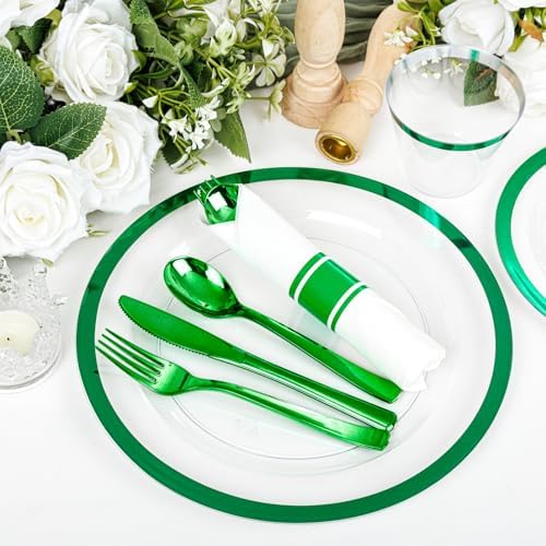 I00000 350 Green Plastic Plates, Clear Disposable Dinnerware Set for Party - Image 6