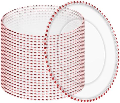 24 Pack Clear Charger Plates 13 Inch Acrylic Round Dinner Chargers with Red Beaded Rim, Plastic Round Decorative Plates for Kitchen Wedding Party Home and Tabletop Decoration by Tomeurperf