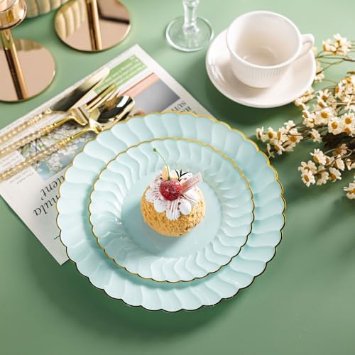 Lullaby 60PCS Sage Green Scalloped Plastic Plates with Gold Rim for Party - Image 6