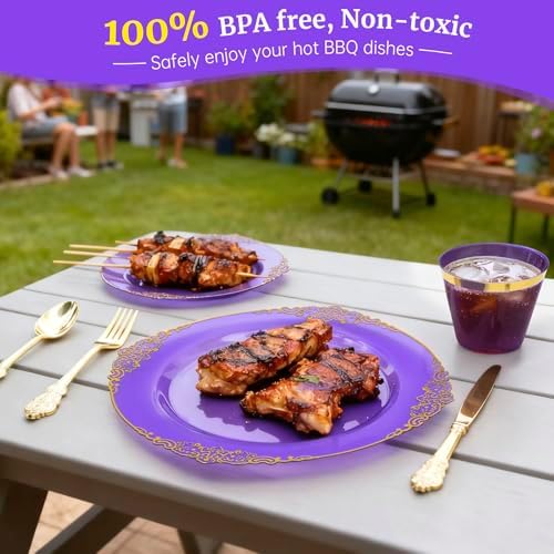 AIRE Purple Gold Plastic Plates Set, 175PCS Disposable Dinnerware for 25 - Image 4