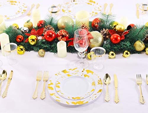 Nervure 175PCS Gold Plastic Plates with Marble Printing & Gold Plastic Silverware:50 Plates, 25 Forks, 25 Knives, 25 Spoons, 25 Cups, 25 Napkins for Thanksgiving & Wedding - Image 6