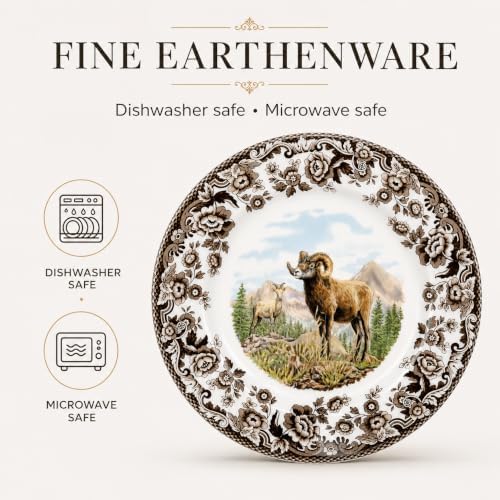 Spode Woodland Bighorn Sheep Salad Plate - 8" Fine Earthenware, British Flowers Border, Rustic Game Animal Design Made in England - Microwave, Oven, Freezer, Dishwasher Safe for Holiday Dining - Image 6