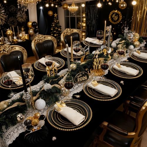 350 Pieces Black and Gold Plastic Plates with Disposable Silverware, Include 50 Dinner Plates 9”, 50 Dessert Plates 6.3”, 50 Black Cups 9 OZ, 50 Pre Rolled Napkins for New Year (Pack of 2) - Image 2