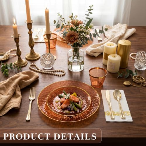 Rubtlamp 175 Pcs Plastic Dinnerware Set (25 Guests), Amber And Gold Plastic Plates, Hammered Party Plates Set Include Dinner Plates, Dessert Plates, Cups, Cutlery Set And Napkins for Wedding And Party - Image 4