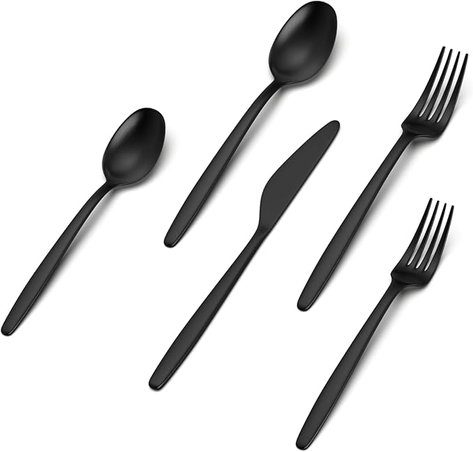JazzUpCo Tia Flatware non toxic 18/10 stainless steel dishwasher safe (Matte Black, 4 Person Set (20 Pieces))