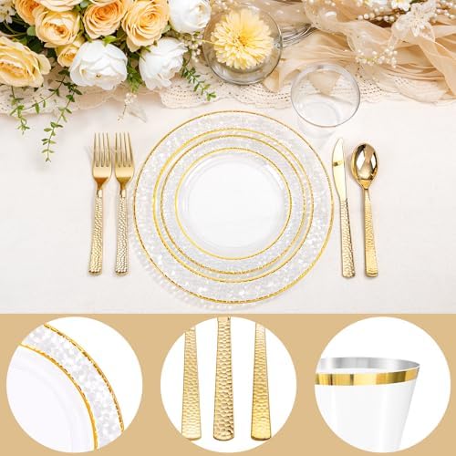 Ciaell 150PCS Clear Gold Plastic Plates - Disposable Gold Rim Plates include 25Dinner Plate, 25Dessert Plate, 25Forks, 25Knives, 25Spoons, 25Cups for Wedding & Party (Pack of 2) - Image 3