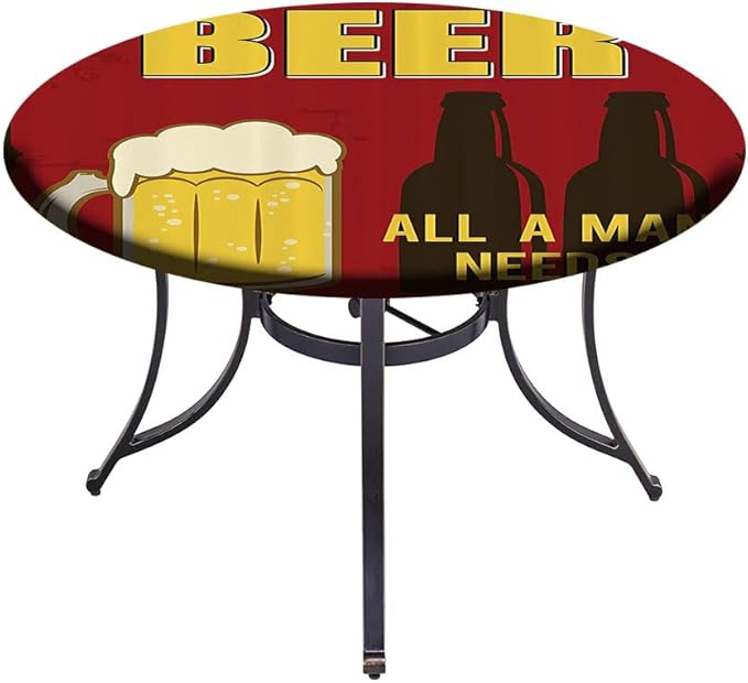 Round Edge Closing Tablecloth, Manly Decor Elastic Edged Tablecloth, Beer Mug and Two Bottles with Quotes Beer All, Fit Round Tables 39inch Diameter, Buffet Table, Parties, Holiday Dinner