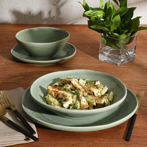 Gibson Elite Island Cove 16 Piece (Service for 4) Plates and Bowls Reactive Glaze Organic Round Dishes Stoneware Ceramic Dinnerware Set -Green - Image 4