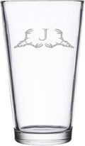 Hat Shark Deer Skull Letter Monogram Pint Beer Glass, 16 oz, Clear, A-Z Initials (1, Letter J)