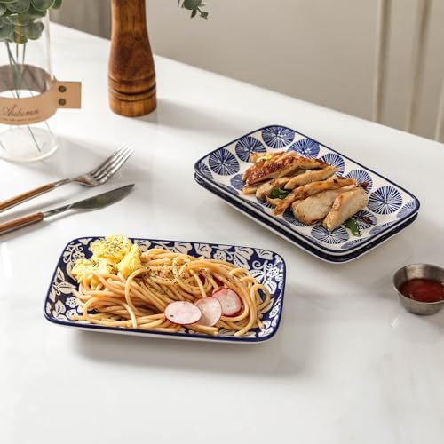 Selamica Ceramic Rectangular Salad Plates Set, Dinner Plate 9.4 Inch Dessert Plates for Party Entertaining, Small Serving Plates for Appetizers, Sushi, Fruit, Set of 4, Vintage Blue - Image 4