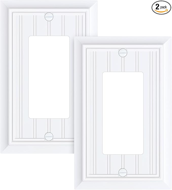 2-Pack Classic Beadboard Decorator Wall Plate Cover, Pure White Decorative Switch Plates and Outlet Covers, Durable Natural Bamboo Fiber Wall Plates for Electrical Outlets, Receptacle, GFCI Outlet