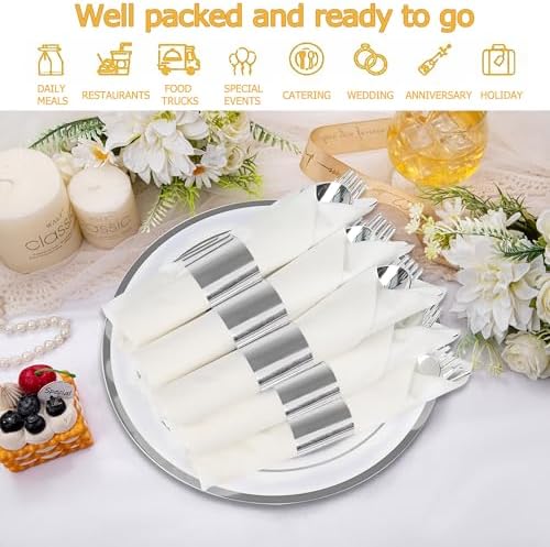 75 Pack Pre Rolled Silver Plastic Silverware Set with Napkin - Image 4