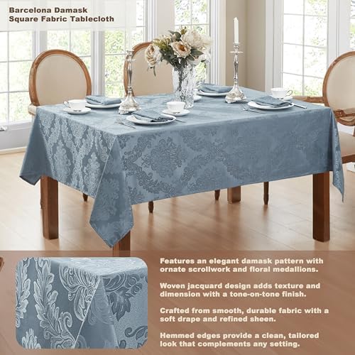 Newbridge Barcelona Damask Fabric Tablecloth, 52 x 52 Inch Square, Blue – No Iron, Soil Resistant Table Cover for Dining, Parties and Holidays - Image 2