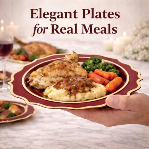 Burgundy & Gold Disposable Dinnerware Set Serves 25 People, 175 Pc Heavy Duty Plastic Plates, Cups, Gold Cutlery & Napkins, Elegant Wedding Dinnerware for Thanksgiving, Christmas & Parties - Image 3