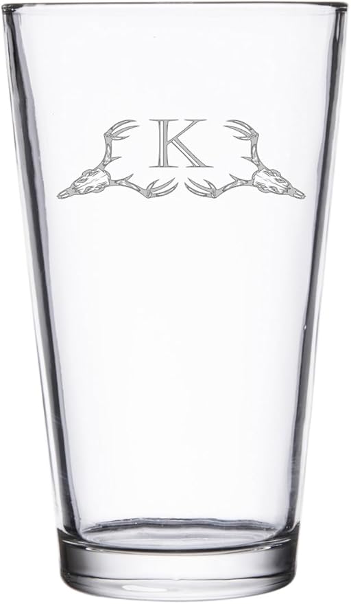 Hat Shark Deer Skull Letter Monogram Pint Beer Glass, 16 oz, Clear, A-Z Initials (1, Letter K)
