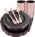 BUCLA 30Guests Clear Black Plastic Plates With Rose Gold Silverware & Cups - Rose Gold Rim Plastic Dinnerware Ideal for Party & Wedding by BUCLA