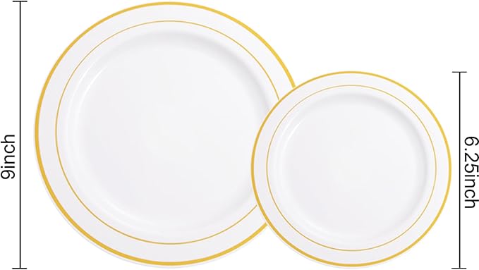 NOCCUR 200PCS Gold Plastic Plates - 100 Dinner / 100 Dessert Disposable Plates Heavy Duty - Ideal for Wedding/Party/New Year