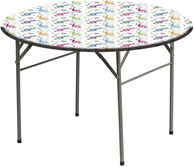 Round Tablecloth, Music Decor Tablecloth for Side Table, Notes on Circle Shape Geometric Background Carnival, Fit Round Tables 32inch Diameter, for Indoor Outdoor Fits, Multy