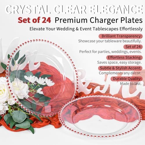 24 Pack Clear Charger Plates 13 Inch Acrylic Round Dinner Chargers with Red Beaded Rim, Plastic Round Decorative Plates for Kitchen Wedding Party Home and Tabletop Decoration - Image 2