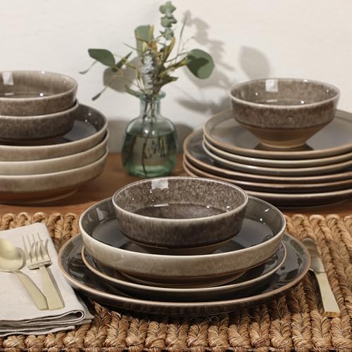 Gibson Elite Hailstone 16 Piece Stoneware Reactive Glaze (Service for 4) Ceramic Plates and Bowls Dinnerware Set - Black - Image 5