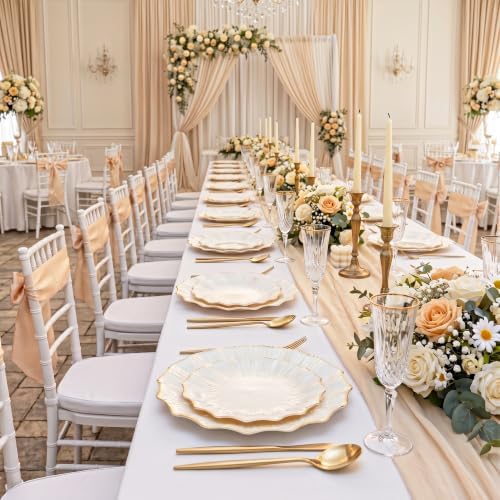 Rubtlamp 60Pcs Ivory Scalloped Gold Plastic Plates, Disposable Plates With Gold Rim, Heavyduty Plastic Plates Include 30 Dessert Platos, 30 Dinner Platos for Party - Image 5