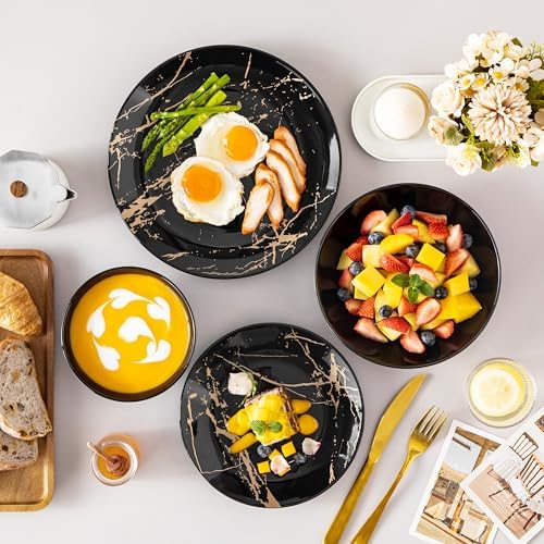 LOVECASA Plates and Bowls Sets for 6, 24 Pieces Porcelain Dinnerware Sets, Black and Gold Dish Set Gold Splash Dishware Sets, Dishwasher Microwave Safe - Image 5