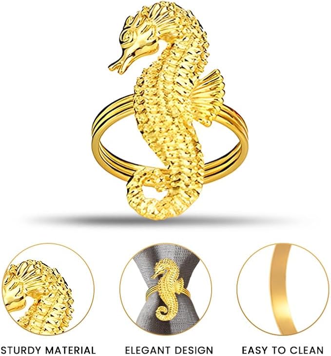 Decozen Set of 16 Gold Napkin Rings in Sea Horse Design, Festive, Table Decor Setting for Holiday, Wedding, Birthday, Kitchen, Home Decor, Housewarming Gift - Mothers Day Decorations