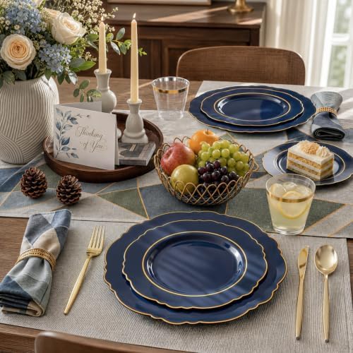 Liacere 150Pcs Navy Blue Plastic Plates-Blue Gold Disposable Plates Set-Blue Gold Rim Disposable Plastic Dinnerware include 50Plates,25Pack Silverware and 25Cups for Wedding/Party/Halloween/Labor Day - Image 4