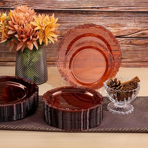 U-QE 100PCS Amber Plastic Plates - Clear Brown Plastic Plates - Image 4
