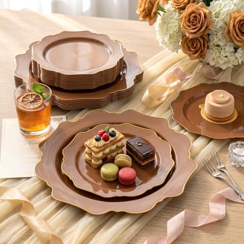 WDF 50PCS Brown and Gold Plastic Plates - Mocha Plates Disposable for Party - Image 4