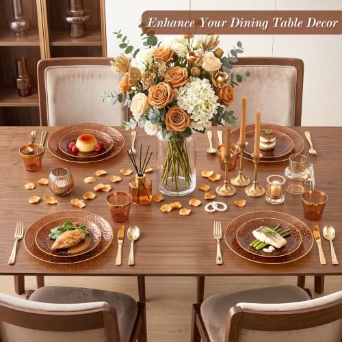 Rubtlamp 700Pcs Amber Gold Plastic Dinnerware Set, Hammered Clear Gold Plates, Fancy Plastic Plates Include 100 Dinner Platos, 100 Salad Platos, 100 Cups,100 Pack Pre Rolled gold plastic Silverware - Image 6