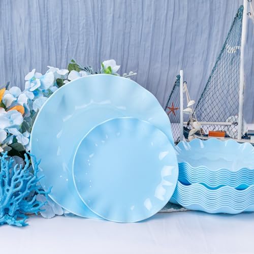 LIYH 24Pcs Light Blue Scalloped Plastic Plates Reusable For Party Events - Image 3