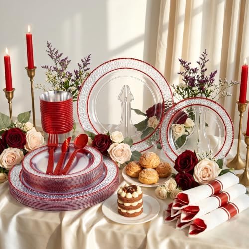 Ciaell 350 PCS Clear and Red Plastic Plates – Red Dinnerware Set for 50 Guests Include 100 Plastic Plates, 50 Pre Rolled Napkins with Cutlery Set, 50 Cups for Wedding (Pack of 3) - Image 3