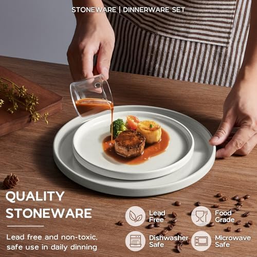 Stoneware Dinnerware Sets for 4 with Pasta Bowl, Onader 16 Piece Plates and Bowls Dish Set, Speckled Kitchen Dishware Dining Ware, Microwave & Dishwasher Safe - Cloud White - Image 3