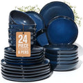 Pokini 24 Pieces Dinnerware Set for 6 with Pasta Bowls, Complete Ceramic Dish Set, Stackable & Glossy Stoneware Plate and Bowl Set for Effortless Everyday Hosting, Starry Blue by Pokini