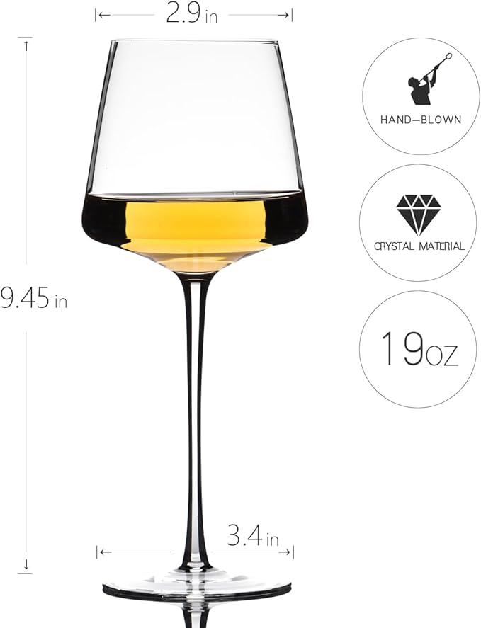 White Red Wine Glasses Set of 6 – 19oz Wine Glasses with Tall Long Stem,【Hand Blown】Crystal Wine Glasses- Square Wine Glasses with flat bottom,Thin Stem Wine Glasses,Clear Lead-Free Premium large