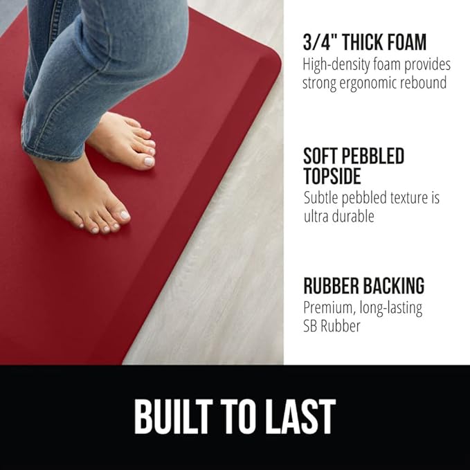 GORILLA GRIP Comfortable Cushioned Kitchen Mats for Floor, Waterproof and Stain Resistant Soft Top, 3/4 Inch Thick Ergonomic Standing Desk Anti Fatigue Mat, Foam Supports Ankles and Feet, 17x24, Red