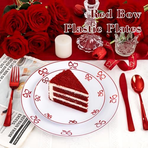 125PCS Red Bow Plastic Plates - White and Red Rim Disposable Plates - 50 Elegant Plates with Bowknot Patterns, 25 Forks, 25 Spoons, 25 Knives for Birthday Wedding Party - Image 2